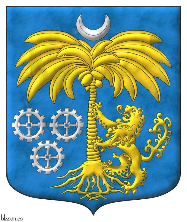 Azure, a palm tree eradicated, between in sinister a lion rampant steeps on it Or, in dexter three millwheels, 2 and 1, and in chief a crescent Argent.