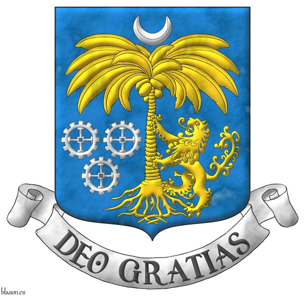 Azure, a palm tree eradicated, between in sinister a lion rampant supporting it Or, in dexter three millwheels, 2 and 1, and in chief a crescent Argent. Motto: «Deo gratias».