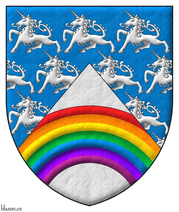 Escudo de azur mantelado en punta de plata, en jefe un sembrado de unicornios pasantes de plata y en punta un arcoiris moviente de los flancos al natural.