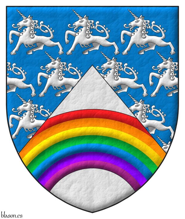 Escudo de azur sembrado de unicornios pasantes de plata, mantelado en punta de plata, un arcoiris moviente de los flancos al natural.