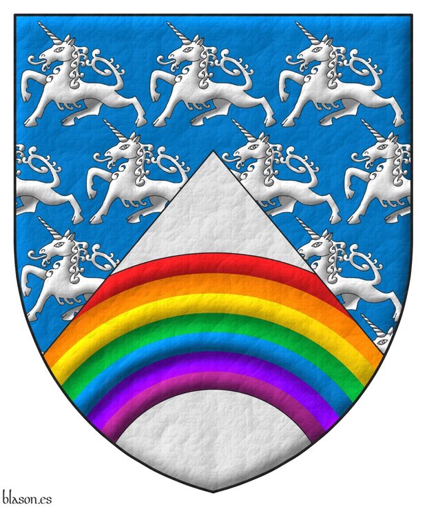 Escudo de azur sembrado de unicornios pasantes de plata, mantelado en punta de plata, un arcoiris moviente de los flancos al natural.