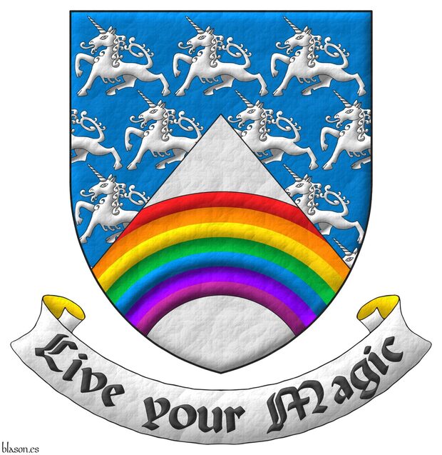 Party per chevron Azure semé of unicorns passant, and Argent, a rainbow throughout proper. Motto: «Live your Magic».
