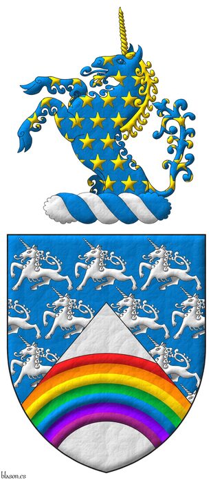 Escudo de azur sembrado de unicornios pasantes de plata, mantelado en punta de plata, un arcoiris moviente de los flancos al natural. Timbrado de un burelete de plata y azur y cimado de un unicornio saliente de azur, acornado, cabellado y sembrado de estrellas de oro.