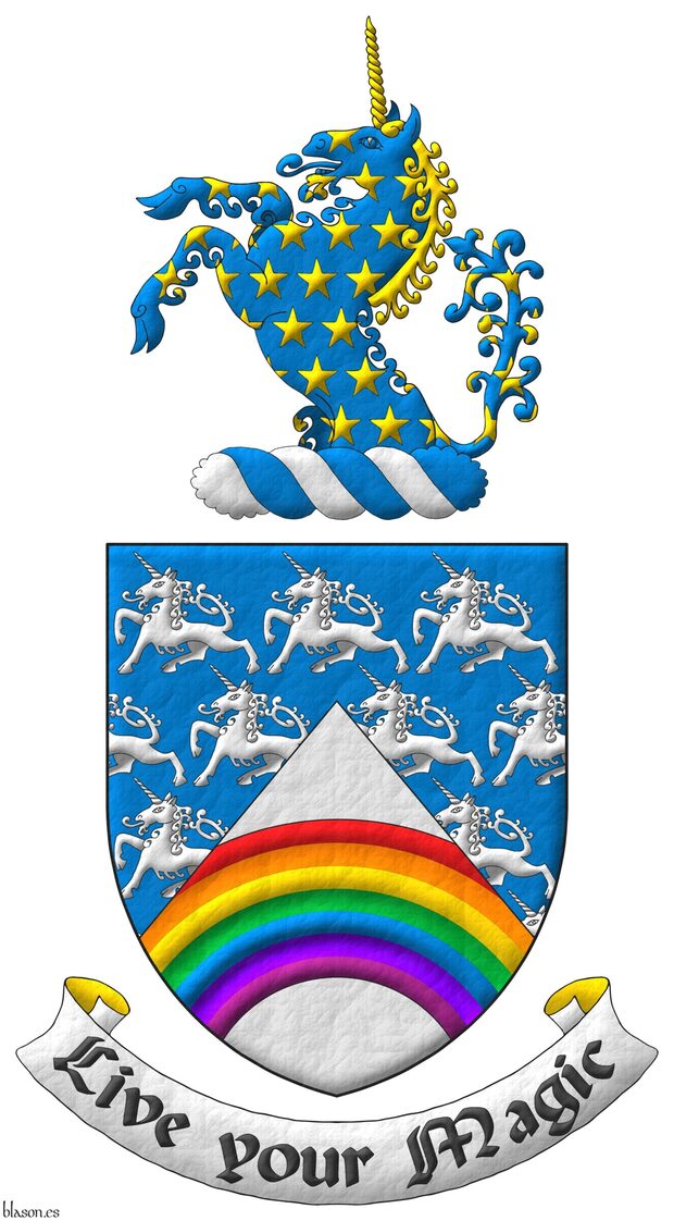 Party per chevron Azure sem of unicorns passant, and Argent, a rainbow throughout proper. Crest: Upon a wreath Argent and Azure a demi-unicorn Azure, horned, crined and sem of mullets Or. Motto: Live your Magic.