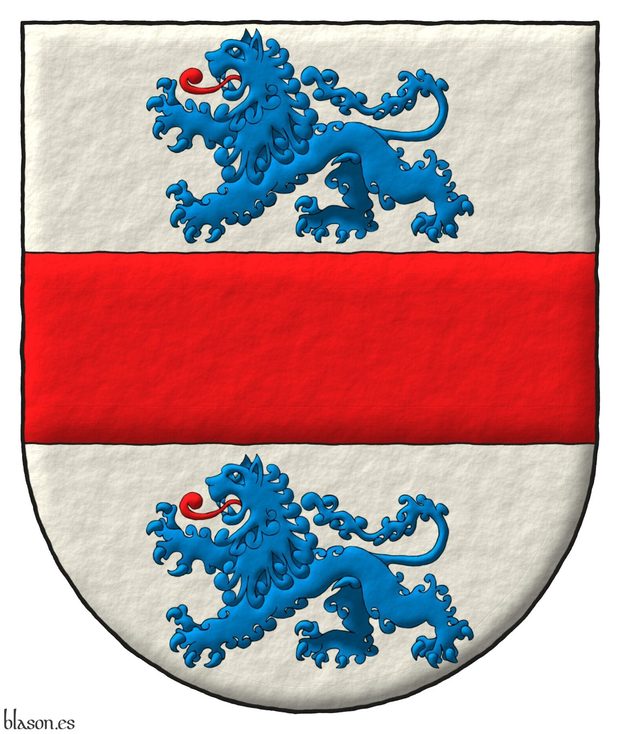 Escudo de plata, una faja de gules acompaada de dos leones leopardados de azur, lampasados de gules.