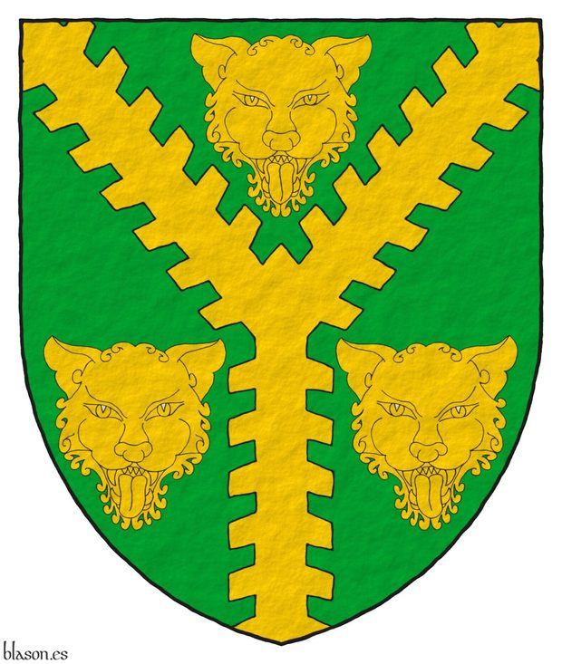 Vert, a pall raguly Or between three leopards' faces Or.