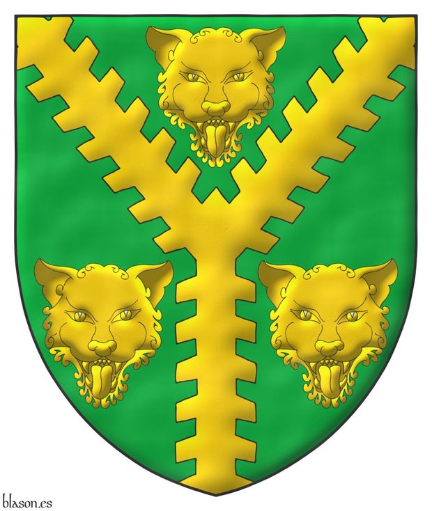 Escudo de sinople, una perla ecotada de oro entre tres cabezas de leopardo de oro.