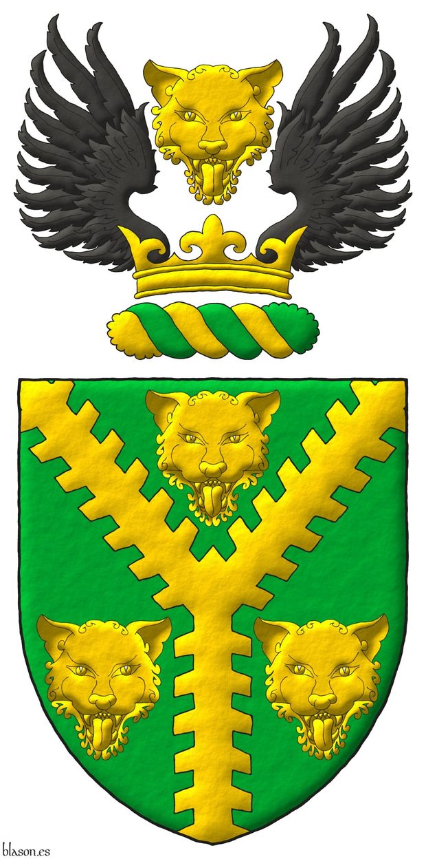 Escudo de sinople, una perla ecotada de oro entre tres cabezas de leopardo de oro. Timbrado de un burelete de oro y sinople surmontado de una corona de oro surmontada de una cabeza de leopardo de oro acompaada de dos medios vuelos de sable.