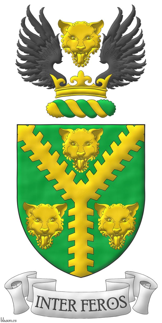 Escudo de sinople, una perla ecotada de oro entre tres cabezas de leopardo de oro. Timbrado de un burelete de oro y sinople surmontado de una corona de oro surmontada de una cabeza de leopardo de oro acompaada de dos medios vuelos de sable. Lema: Inter feros de sable sobre una filacteria de plata.