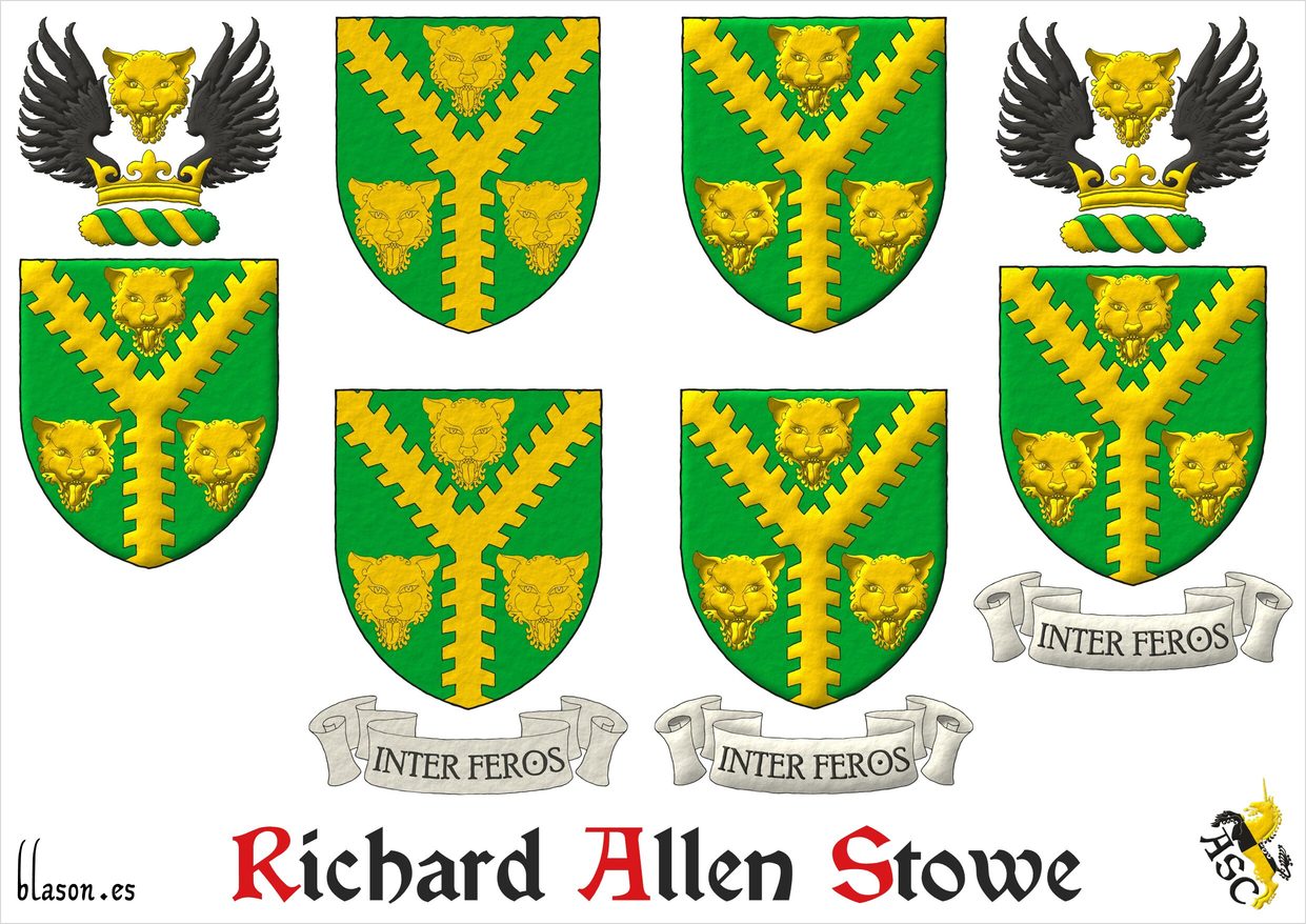 Vert, a pall raguly Or between three leopards' faces Or. Crest: Upon a wreath Or and Vert, on a coronet Or a leopard's face Or between two wings Sable. Motto: Inter feros in letters Sable within a scroll Argent.