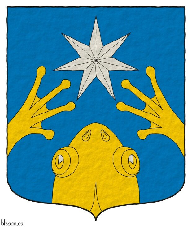 Azure, issuant from base a frog's head and from flanks its forelegs in chevron Or, in chief a mullet of seven points Argent.