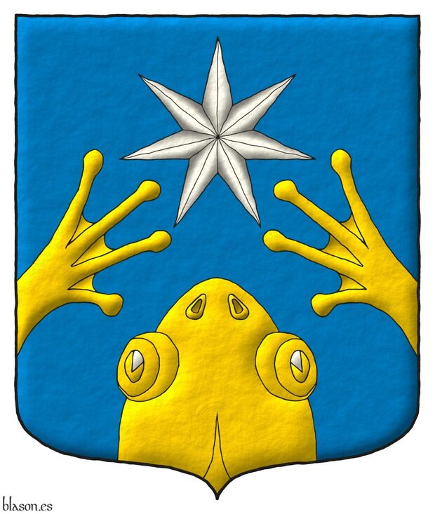 Azure, issuant from base a frog's head and from flanks its forelegs in chevron Or, in chief a mullet of seven points Argent.