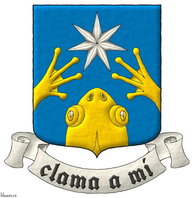 Azure, issuant from base a frog's head and from flanks its forelegs in chevron Or, in chief a mullet of seven points Argent. Motto: Clama a m.