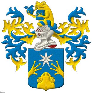 Azure, issuant from base a frog's head and from flanks its forelegs in chevron Or, in chief a mullet of seven points Argent. Crest: Upon a helm with a wreath Or and Azure, a demi-frog erect Or, grasping with its forelegs an apple and a closed book Azure. Mantling: Azure doubled Or.