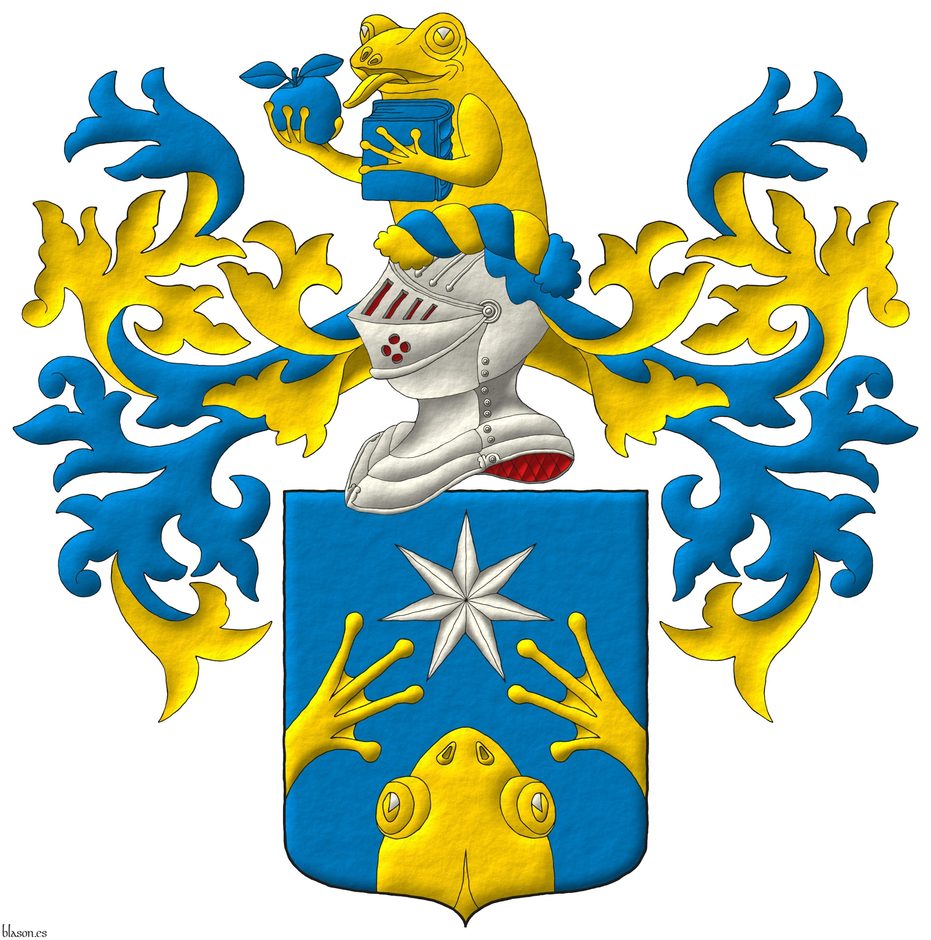 Azure, issuant from base a frog's head and from flanks its forelegs in chevron Or, in chief a mullet of seven points Argent. Crest: Upon a helm with a wreath Or and Azure, a demi-frog erect Or, grasping with its forelegs an apple and a closed book Azure. Mantling: Azure doubled Or.