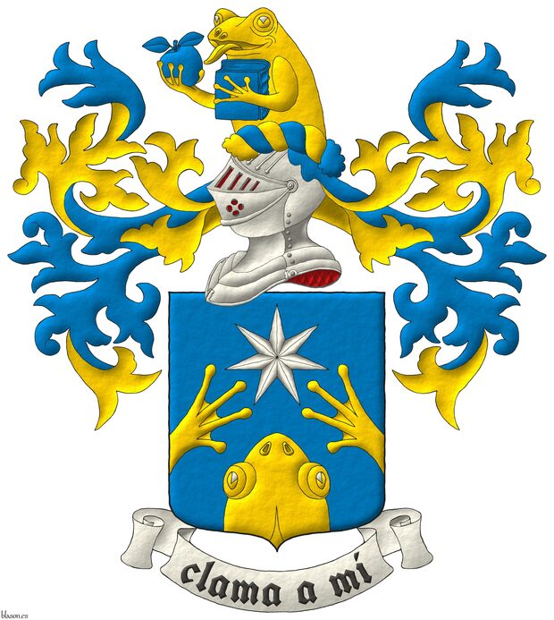 Azure, issuant from base a frog's head and from flanks its forelegs in chevron Or, in chief a mullet of seven points Argent. Crest: Upon a helm with a wreath Or and Azure, a demi-frog erect Or, grasping with its forelegs an apple and a closed book Azure. Mantling: Azure doubled Or. Motto: Clama a m.