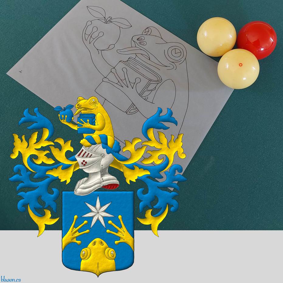 Azure, issuant from base a frog's head and from flanks its forelegs in chevron Or, in chief a mullet of seven points Argent. Crest: Upon a helm with a wreath Or and Azure, a demi-frog erect Or, grasping with its forelegs an apple and a closed book Azure. Mantling: Azure doubled Or.