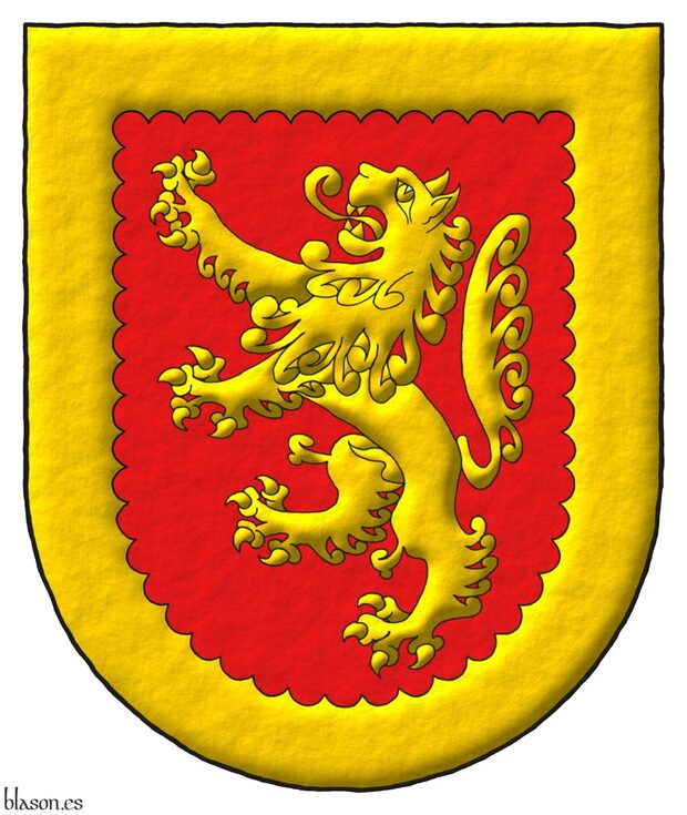 Escudo de gules, un len rampante dentro de una bordura angrelada todo oro.