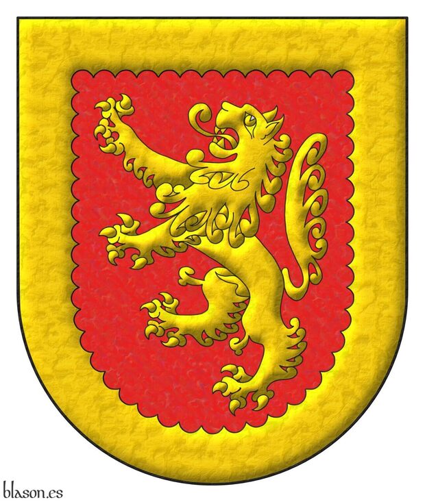 Escudo de gules, un len rampante dentro de una bordura angrelada todo oro.