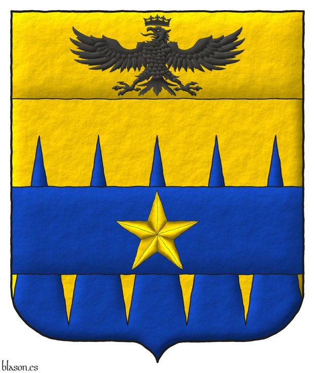 Party per fess indented perlong Or and Azure overall on a fess Azure a mullet Or; on a chief cousu Or an eagle displayed, a crown Or above.
