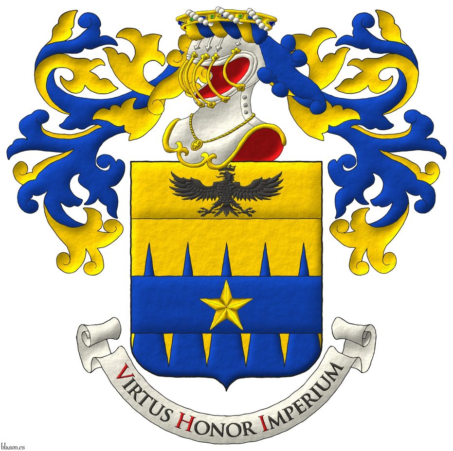 Escudo cortado encajado de oro y azur, brochante sobre la partici�n una faja de azur cargada de una estrella de cinco puntas de oro; en un jefe cosido de oro, un �guila surmontada de una corona ambas de sable. Timbrado de un yelmo terciado grilleteado de oro, forrado de gules, adornado de dos lambrequines de azur doblados de oro, un burelete de oro y azur, cimado de una corona de bar�n. Lema: �Virtus Honor Imperium� de sable, con letras iniciales de gules, sobre una filacteria de plata.