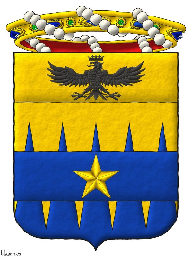 Escudo cortado encajado de oro y azur, brochante sobre la partici�n una faja de azur cargada de una estrella de cinco puntas de oro; en un jefe cosido de oro, un �guila surmontada de una corona ambas de sable. Timbrado de una corona de bar�n.