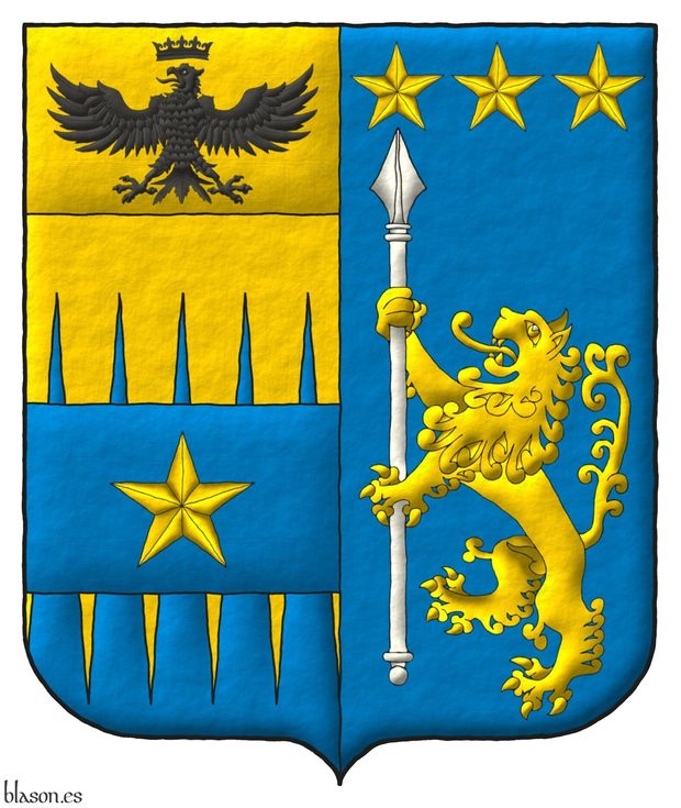 Party per pale: 1 per fess indented perlong Or and Azure overall on a fess Azure a mullet Or, and on a chief cousu Or an eagle displayed, a crown Or above [for Tamburelli]; 2 Azure a lion rampant Or supporting a lance palewise Argent, in chief three mullets Or [for Lanzara].