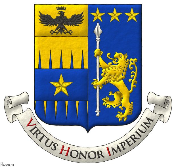 Escudo partido: 1o cortado encajado de oro y azur, brochante sobre la partici�n una faja de azur cargada de una estrella de cinco puntas de oro, un jefe cosido de oro, un �guila surmontada de una corona ambas de sable [de Tamburelli]; 2o de azur, un le�n rampante de oro teniendo una lanza alzada de plata, en jefe, tres estrellas de cinco puntas en faja de oro [de Lanzara]. Lema: �Virtus Honor Imperium�.