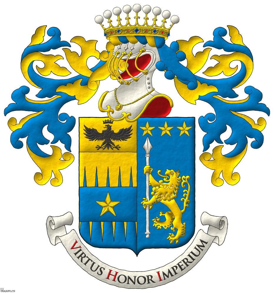 Party per pale: 1 per fess indented perlong Or and Azure overall on a fess Azure a mullet Or, and on a chief cousu Or an eagle displayed, a crown Or above [for Tamburelli]; 2 Azure a lion rampant Or supporting a lance palewise Argent, in chief three mullets Or [for Lanzara]. Crest: Upon a helm, with visor bars Or, lined Gules, with a wreath Or and Azure, a crown of an Italian Count. Mantling: Azure doubled Or. Motto �Virtus Honor Imperium�.