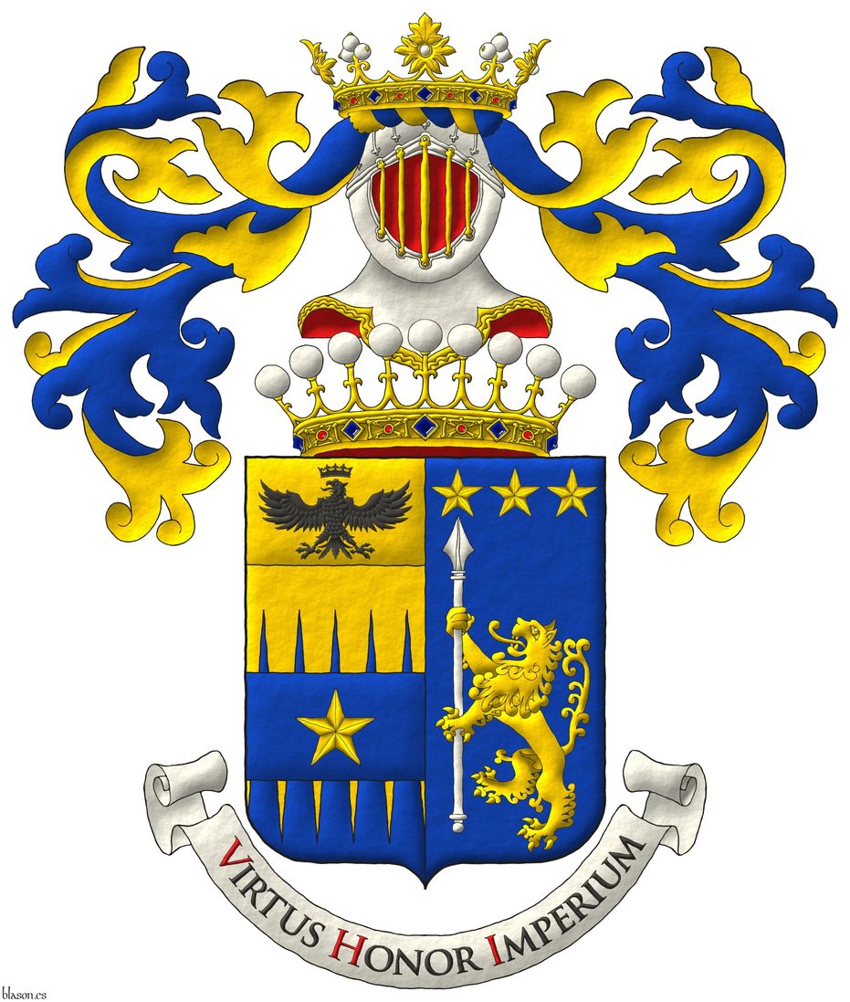 Escudo partido: 1o cortado encajado de oro y azur, brochante sobre la partici�n una faja de azur cargada de una estrella de cinco puntas de oro, un jefe cosido de oro, un �guila surmontada de una corona ambas de sable [de Tamburelli]; 2o de azur, un le�n rampante de oro teniendo una lanza alzada de plata, en jefe, tres estrellas de cinco puntas en faja de oro [de Lanzara]. Timbrado de un yelmo de frente, grilleteado de oro, forrado de gules, enfilado en su base de una corona italiana de conde, adornado de dos lambrequines de azur doblados de oro, un burelete de oro y azur, cimado de una corona de marqu�s. Lema: �Virtus Honor Imperium�.