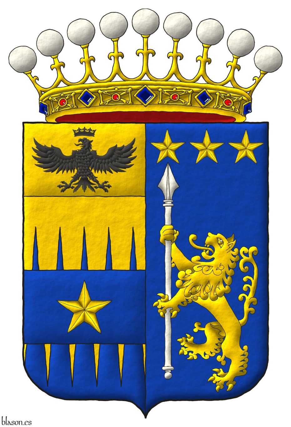 Escudo partido: 1o cortado encajado de oro y azur, brochante sobre la partici�n una faja de azur cargada de una estrella de cinco puntas de oro, un jefe cosido de oro, un �guila surmontada de una corona ambas de sable [de Tamburelli]; 2o de azur, un le�n rampante de oro teniendo una lanza alzada de plata, en jefe, tres estrellas de cinco puntas en faja de oro [de Lanzara]. Timbrado de una corona italiana de conde.