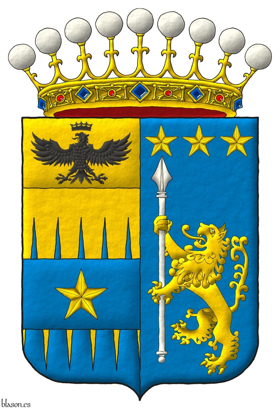 Party per pale: 1 per fess indented perlong Or and Azure overall on a fess Azure a mullet Or, and on a chief cousu Or an eagle displayed, a crown Or above [for Tamburelli]; 2 Azure a lion rampant Or supporting a lance palewise Argent, in chief three mullets Or [for Lanzara]. Crest: a crown of an Italian Count.