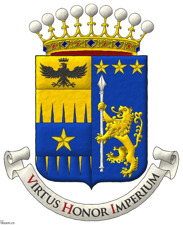 Escudo partido: 1o cortado encajado de oro y azur, brochante sobre la partici�n una faja de azur cargada de una estrella de cinco puntas de oro, un jefe cosido de oro, un �guila surmontada de una corona ambas de sable [de Tamburelli]; 2o de azur, un le�n rampante de oro teniendo una lanza alzada de plata, en jefe, tres estrellas de cinco puntas en faja de oro [de Lanzara]. Timbrado de una corona italiana de conde. Lema: �Virtus Honor Imperium�.