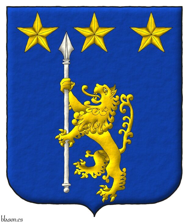 Azure, a lion rampant Or supporting a lance palewise Argent, in chief three mullets Or.