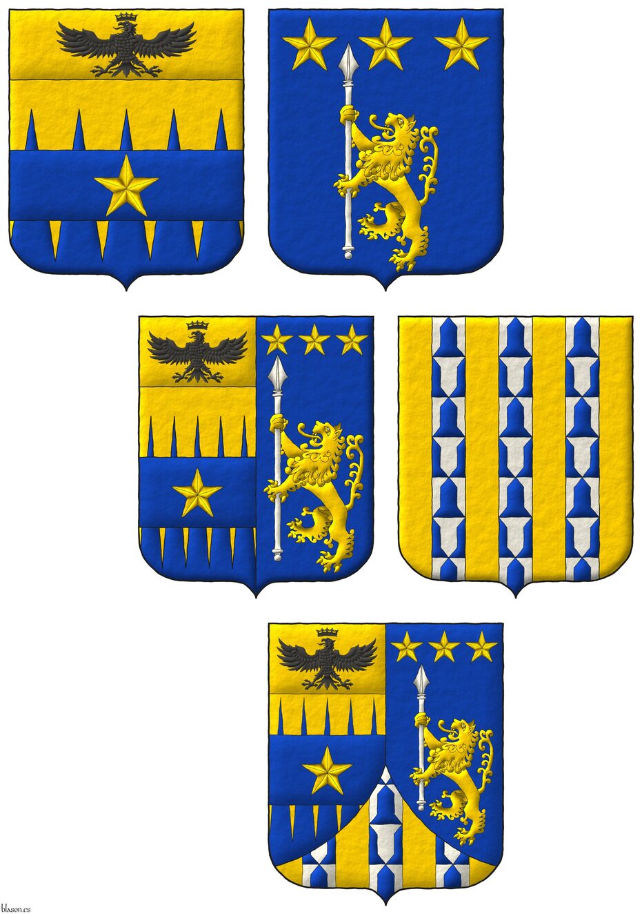 Party per pale: 1 per fess indented perlong Or and Azure overall on a fess Azure a mullet Or, and on a chief cousu Or an eagle displayed, a crown Or above [for Tamburelli]; 2 Azure, a lion rampant Or supporting a lance palewise Argent, in chief three mullets Or [for Lanzara]; ent� en point Or, three pallets Vair [for Prato di Arnesano].