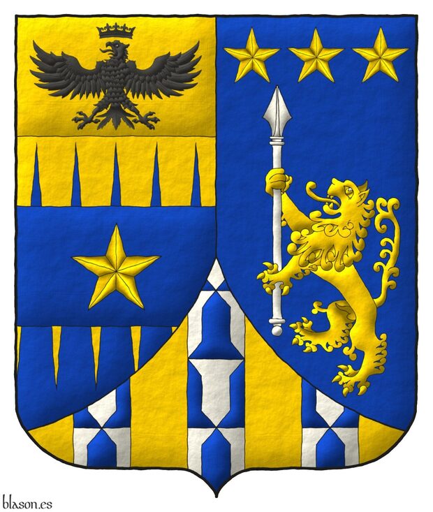 Party per pale: 1 per fess indented perlong Or and Azure overall on a fess Azure a mullet Or, and on a chief cousu Or an eagle displayed, a crown Or above [for Tamburelli]; 2 Azure, a lion rampant Or supporting a lance palewise Argent, in chief three mullets Or [for Lanzara]; ent� en point Or, three pallets Vair [for Prato di Arnesano].