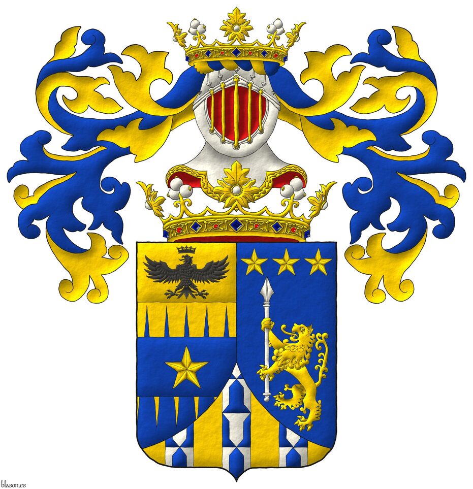 Party per pale: 1 per fess indented perlong Or and Azure overall on a fess Azure a mullet Or, and on a chief cousu Or an eagle displayed, a crown Or above [for Tamburelli]; 2 Azure, a lion rampant Or supporting a lance palewise Argent, in chief three mullets Or [for Lanzara]; ent� en point Or, three pallets Vair [for Prato di Arnesano]. Crest: Upon a helm affronty, with visor bars Or, lined Gules, enfiled at its base by a crown of Marquis, with a wreath Or and Azure, a crown of Marquis. Mantling: Azure doubled Or.