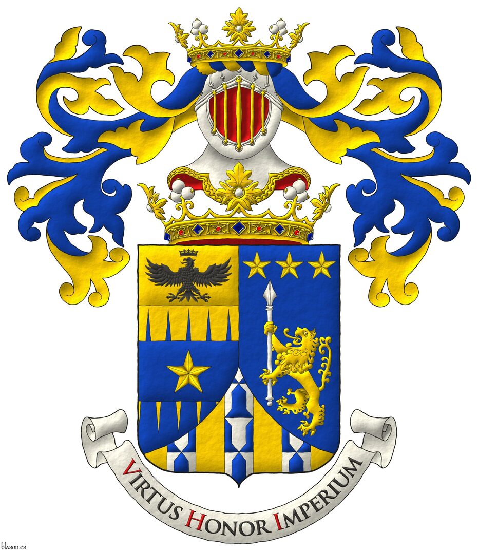 Party per pale: 1 per fess indented perlong Or and Azure overall on a fess Azure a mullet Or, and on a chief cousu Or an eagle displayed, a crown Or above [for Tamburelli]; 2 Azure, a lion rampant Or supporting a lance palewise Argent, in chief three mullets Or [for Lanzara]; ent� en point Or, three pallets Vair [for Prato di Arnesano]. Crest: Upon a helm affronty, with visor bars Or, lined Gules, enfiled at its base by a crown of Marquis, with a wreath Or and Azure, a crown of Marquis. Mantling: Azure doubled Or. Motto: �Virtus Honor Imperium�.