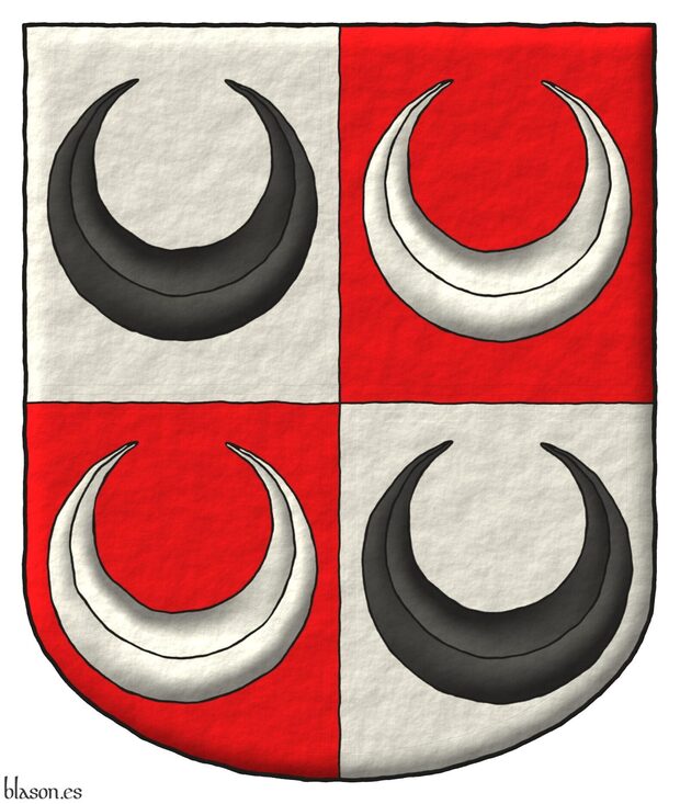 Cuartelado: 1 y 4 de plata, un creciente de sable; 2 y 3 de gules, un creciente de plata.