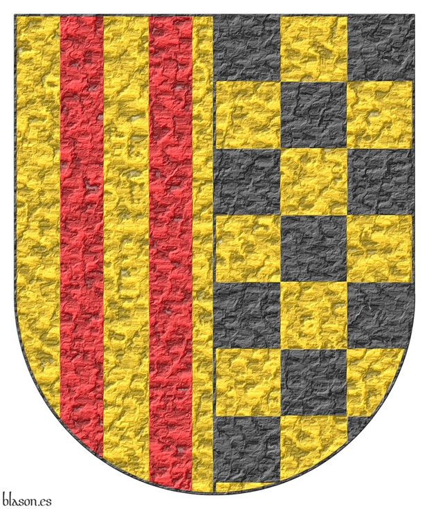 Escudo dimidiado: 1o de oro, cuatro palos de gules; 2o ajedrezado de oro y sable.