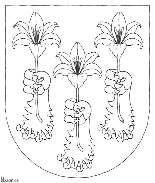 Escudo de oro, tres garras de len arrancadas y alzadas de oro, ordenadas, 2 y 1, teniendo cada una una azucena de plata.