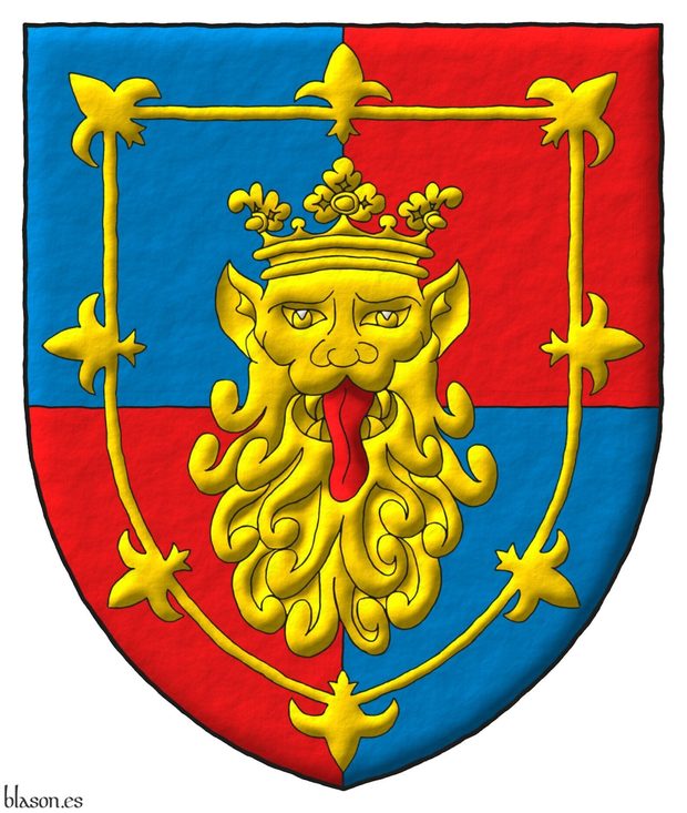 Quarterly: 1 and 4, Azure; 2 and 3, Gules; overall a lion face, crowned Or, langued Gules, within a tressure flory Or.