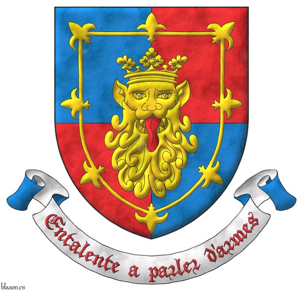 Escudo cuartelado de azur y gules; brochante sobre el todo, una cabeza de leopardo coronada de oro, lampasada de gules, dentro de un trechor flordelisado de oro. Lema: Entalente a parler d'armes.
