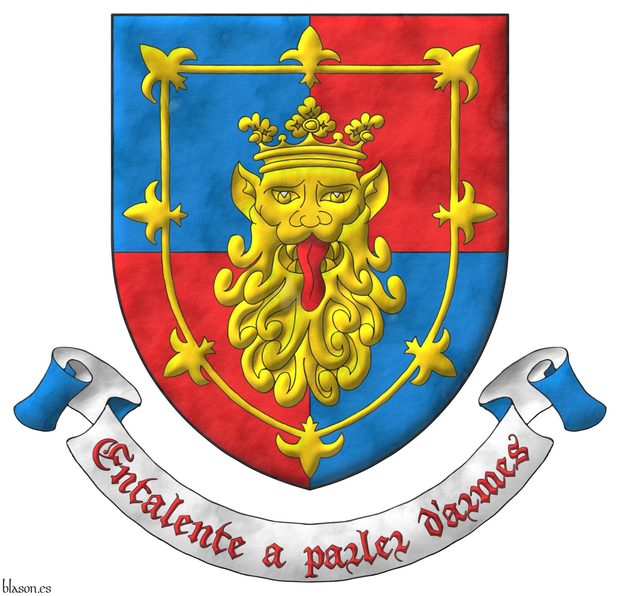 Escudo cuartelado de azur y gules; brochante sobre el todo, una cabeza de leopardo coronada de oro, lampasada de gules, dentro de un trechor flordelisado de oro. Lema: Entalente a parler d'armes.