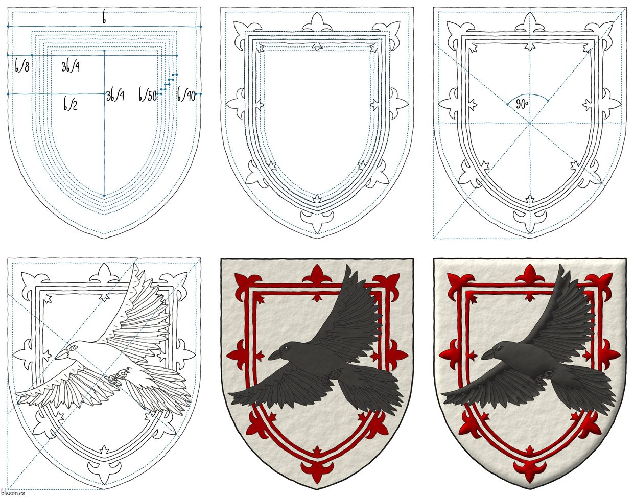 Argent, a double tressure flory Sanguine, overall a raven (Corvus corax) volant saltirewise proper.