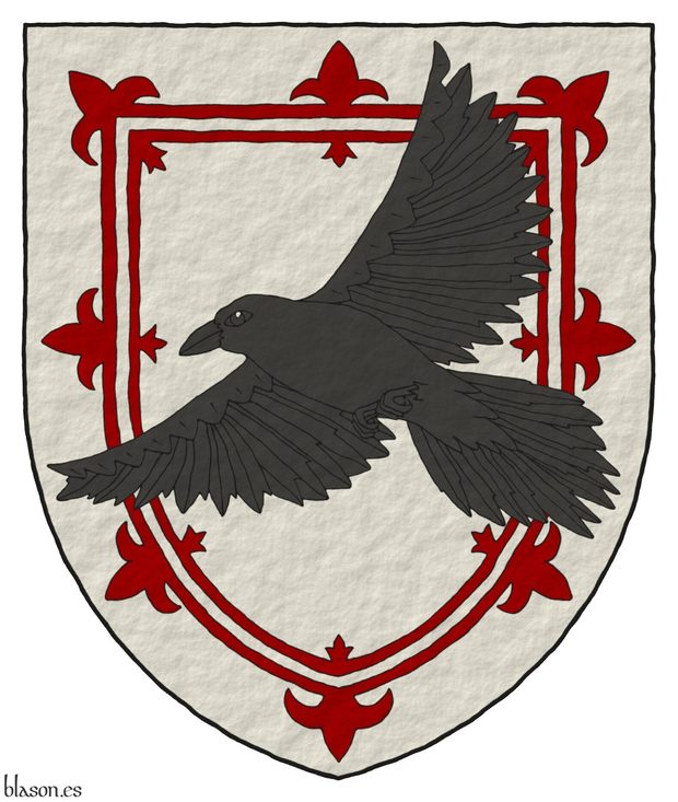 Argent, a double tressure flory Sanguine, overall a raven (Corvus corax) volant saltirewise proper.