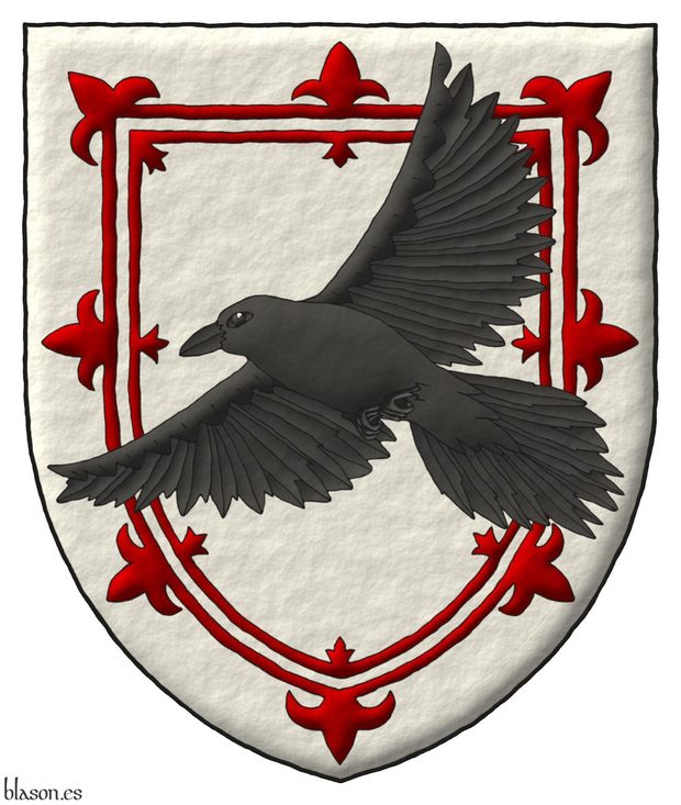 Escudo de plata, un trechor doble flordelisado de sanguneo; sobre el todo, un cuervo (Corvus corax) volando puesto en sotuer al natural.
