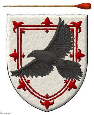 Escudo de plata, un trechor doble flordelisado de sanguneo; sobre el todo, un cuervo (Corvus corax) volando puesto en sotuer al natural. Cimado por una batuta puesta en faja al natural.