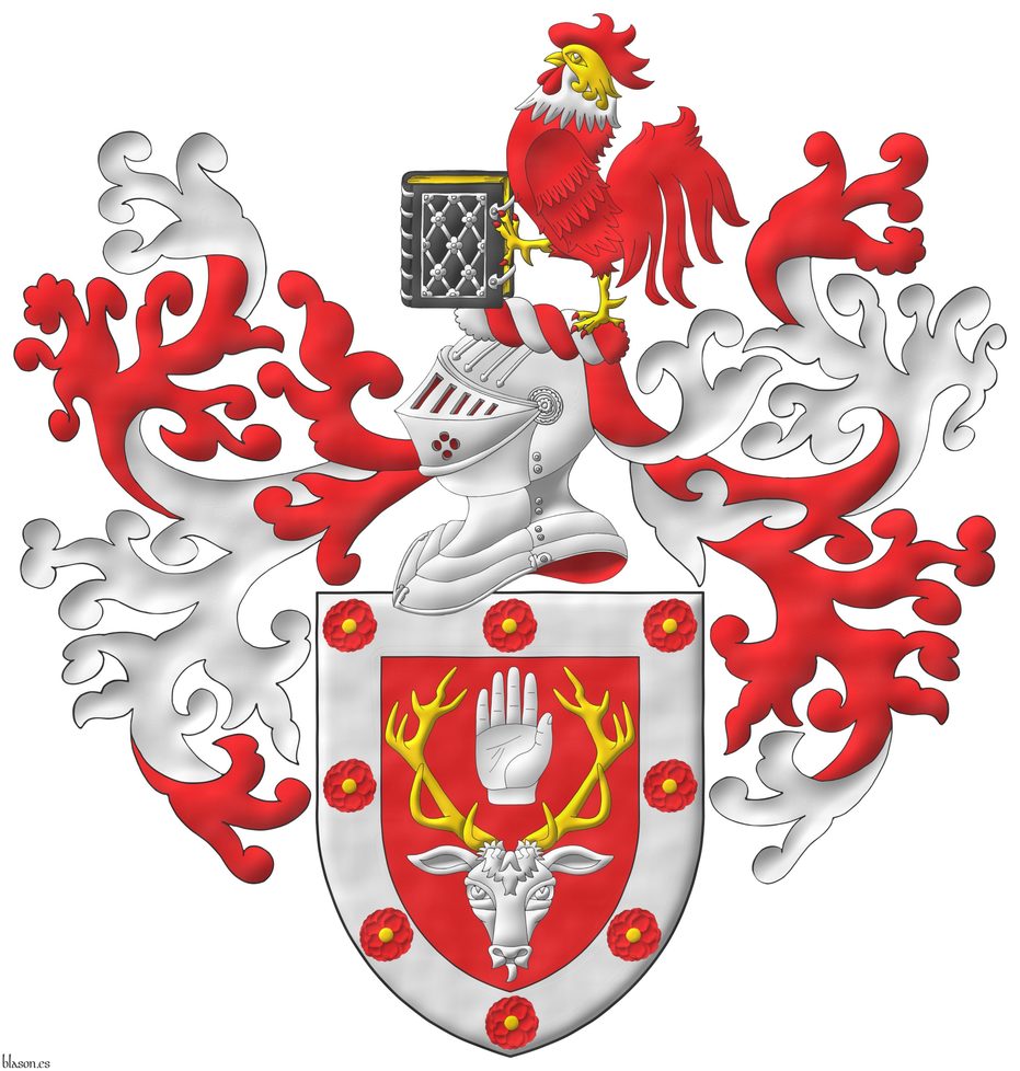 Escudo de gules, un rencuentro de ciervo de plata, ramado de oro, entre sus cuernas, una mano diestra apalmada y cortada por la mueca; una bordura de plata cargada de ocho camelia de Gules, botonadas de oro. Timbrado de un yelmo, adornado de dos lambrequines de gules doblados de plata, un burelete de plata y gules, cimado de un gallo de pelea, armado, crestado y barbelado de Gules, el cuello de plata, picado, membrado y la cabeza de oro, teniendo en su diestra un libro cerrado de sable, hojado de oro, adornado de plata.