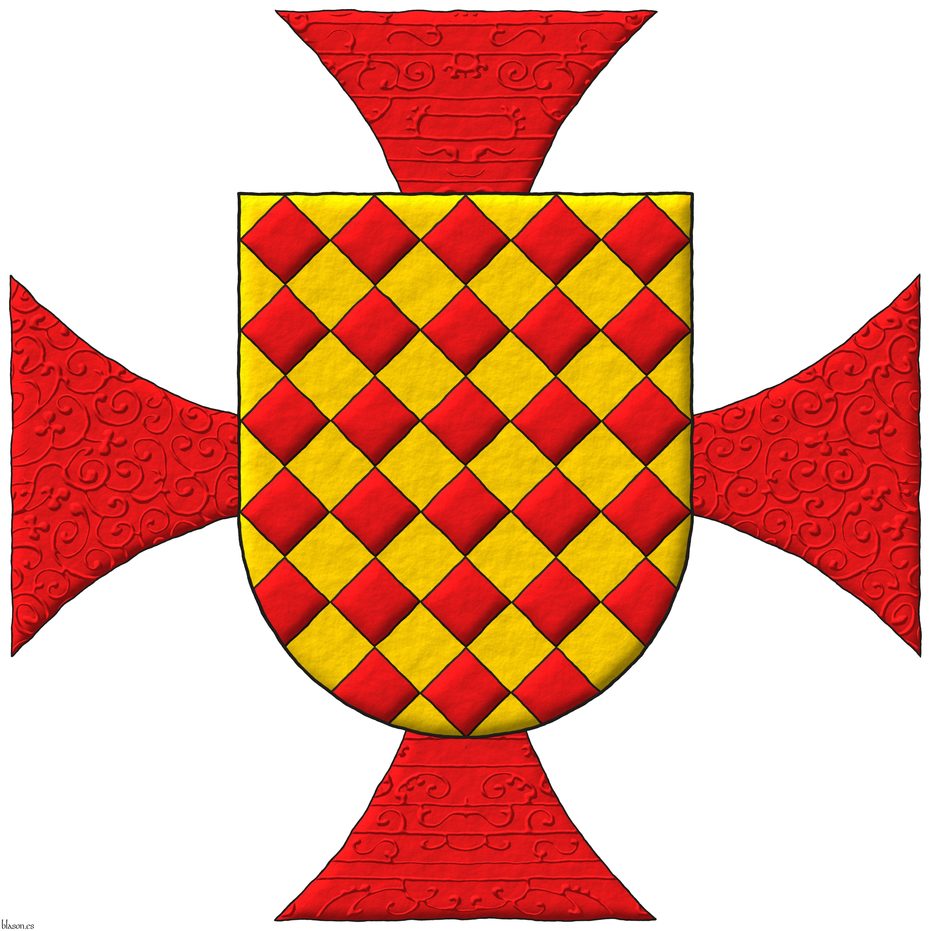 Lozengy Or and Gules. Behind the shield a cross patty Gules.